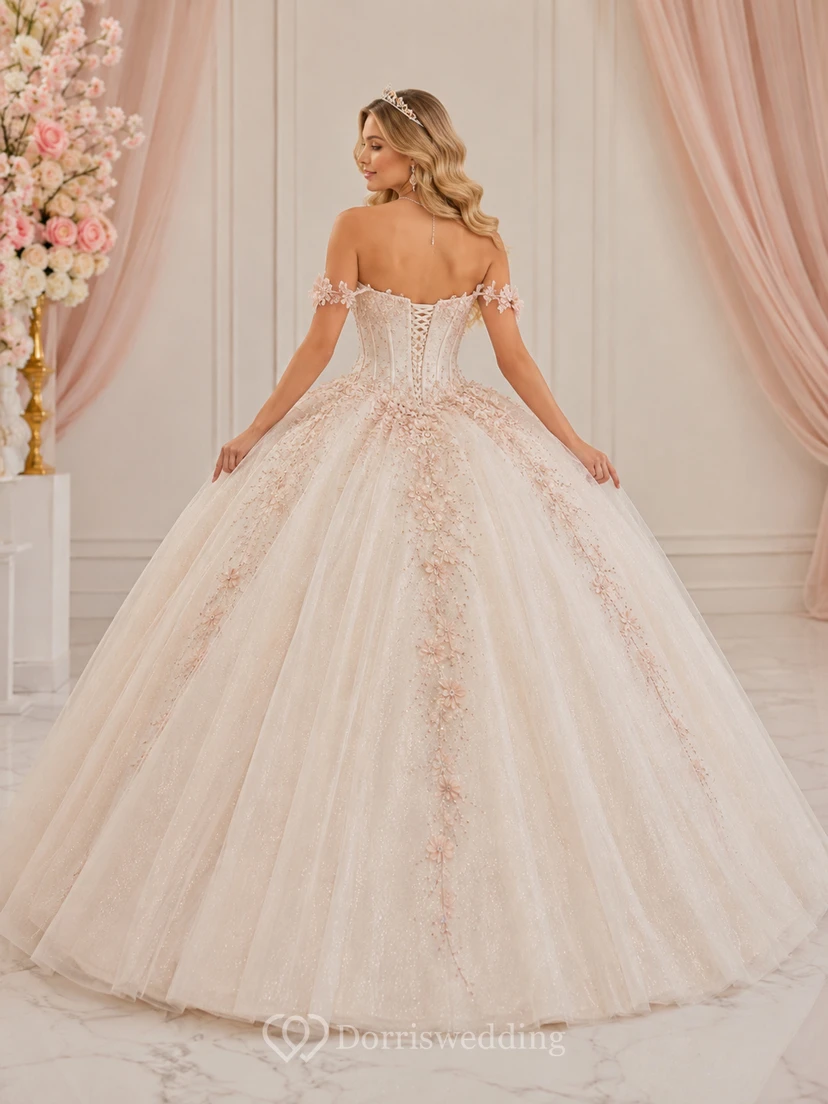 Ivory Blush Luxury Off Shoulder Floral Embroidered Quinceanera Princess Formal Ball Gown view 2