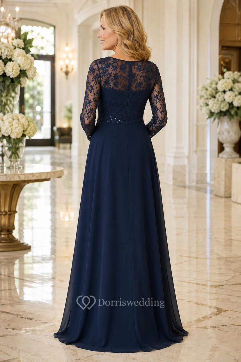 Dunkelblaues Chiffon-Kleid mit Spitzenärmeln und A-Linien-Design für Mütter view 2