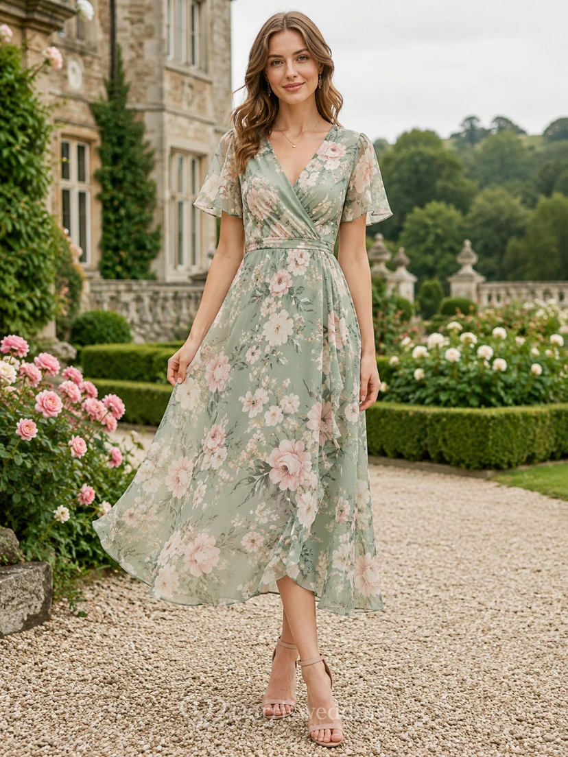 Robe d'invitée de thé en mousseline imprimée florale, col V, manches papillon, coupe trapèze, couleur sauge