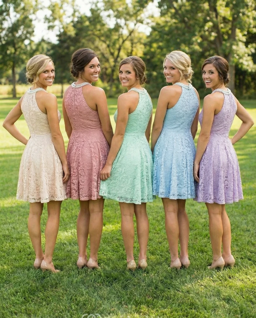 Sleeveless Short Lace Empire Waist Bridesmaid Gown view 2