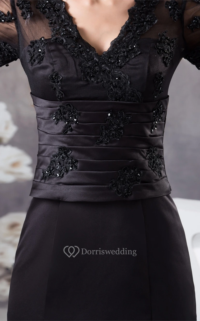 V-Neck Mermaid Satin Mini-Sleeve Illusion and Dress With Appliques view 4