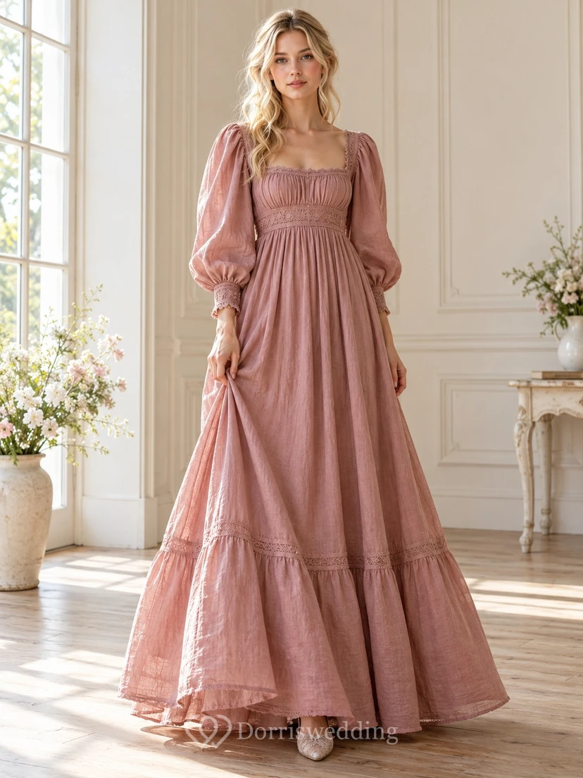 Robe de campagne vintage rose poudré à col carré et manches longues froncée