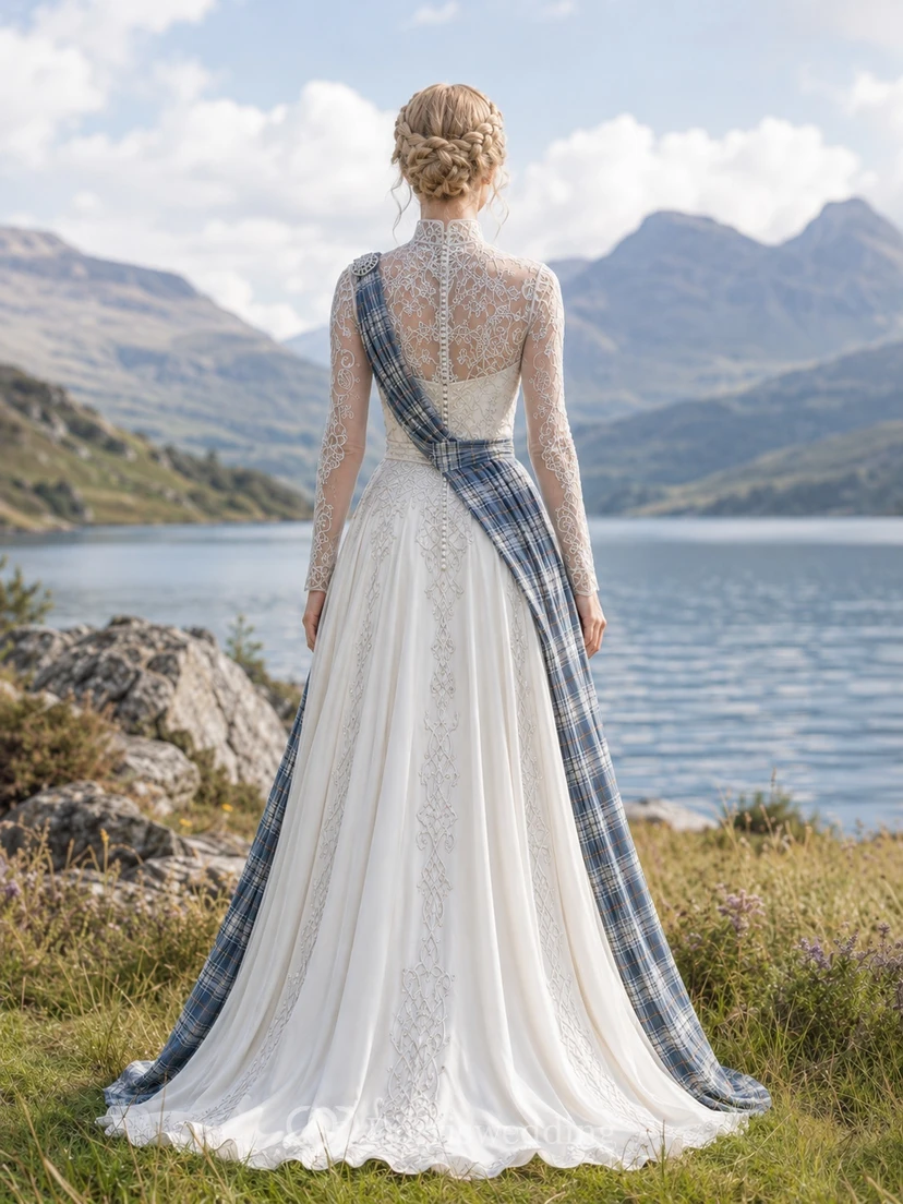 Scottish Celtic Tartan-Drape Long-Sleeve High-Neck Lace A-Line Modest Wedding Dress view 2