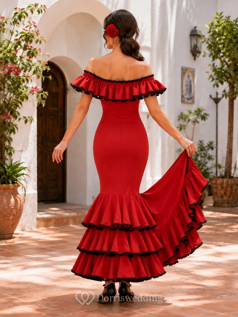 Robe de soirée rouge moulante à épaules dénudées et volants, style flamenco asymétrique. view 2