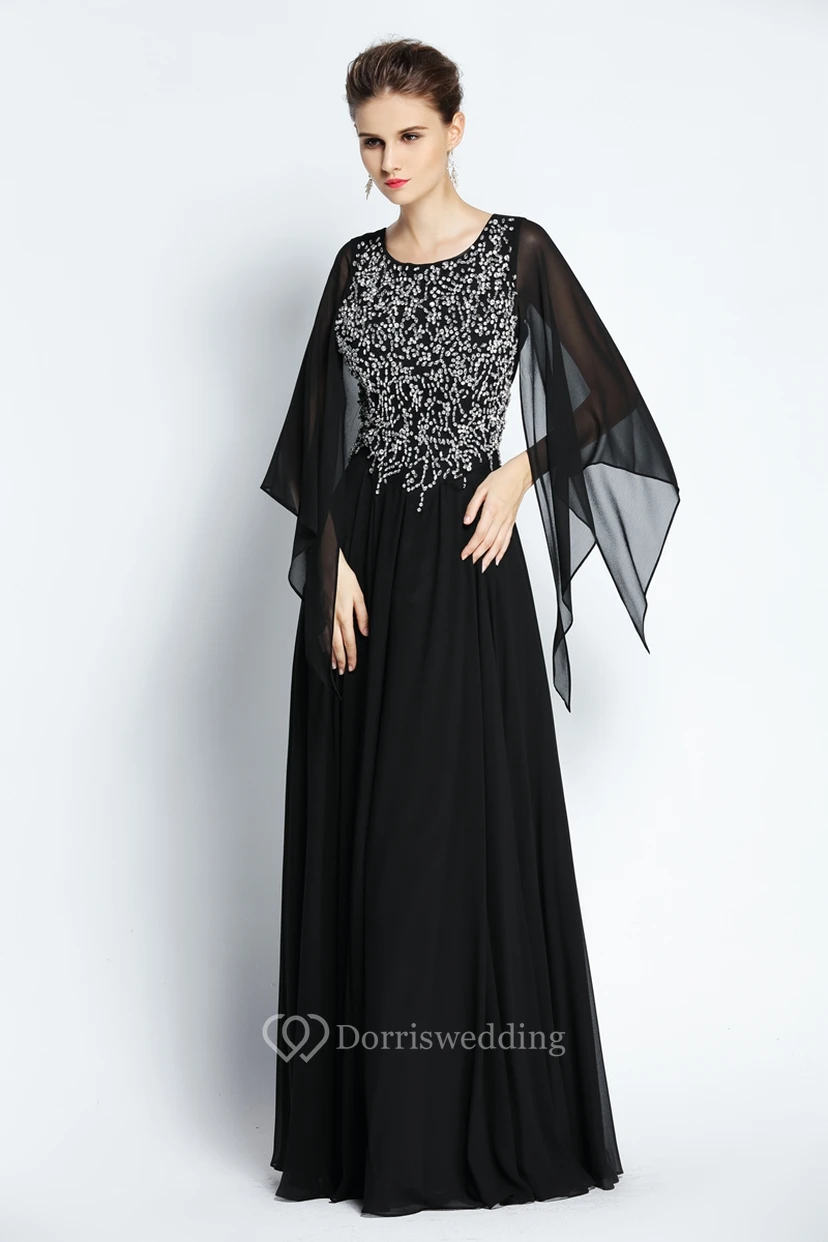 A-Linien-Abendkleid aus bodenlangem Chiffon mit langen Ärmeln, Perlenstickerei und Falten