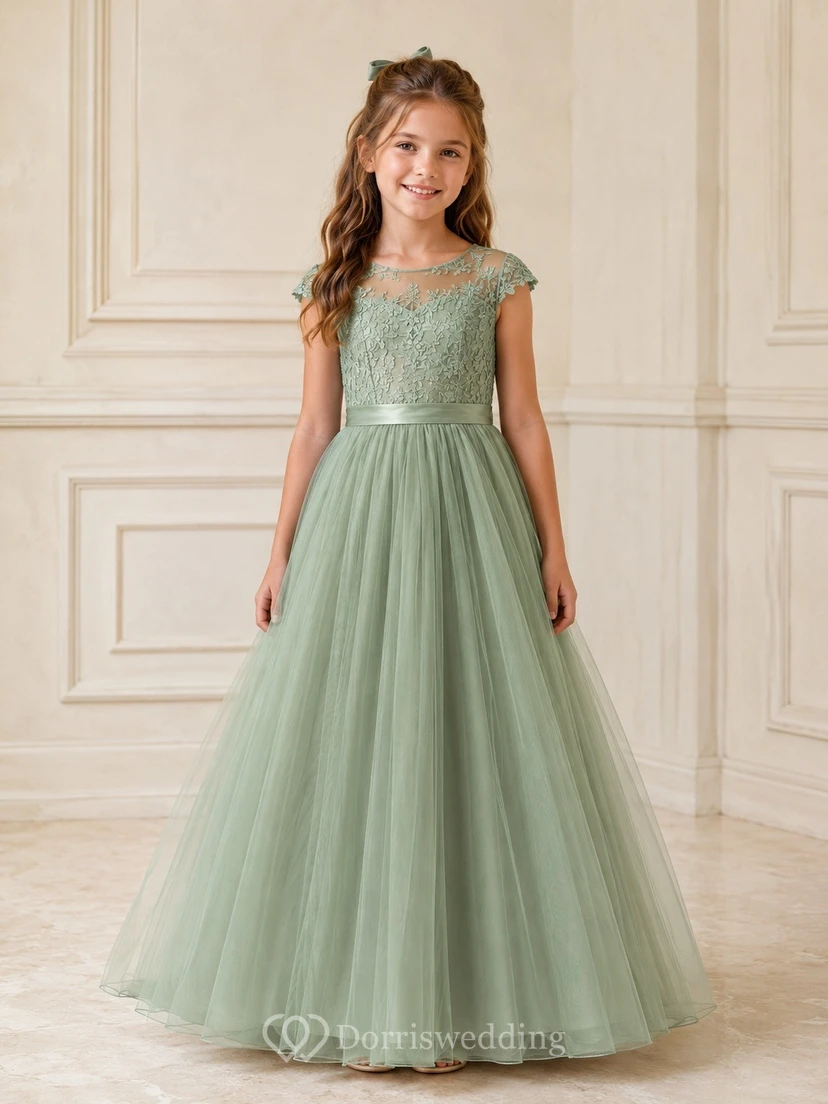 A-Line Tulle Lace Sage Flower Girl Elegant Dress