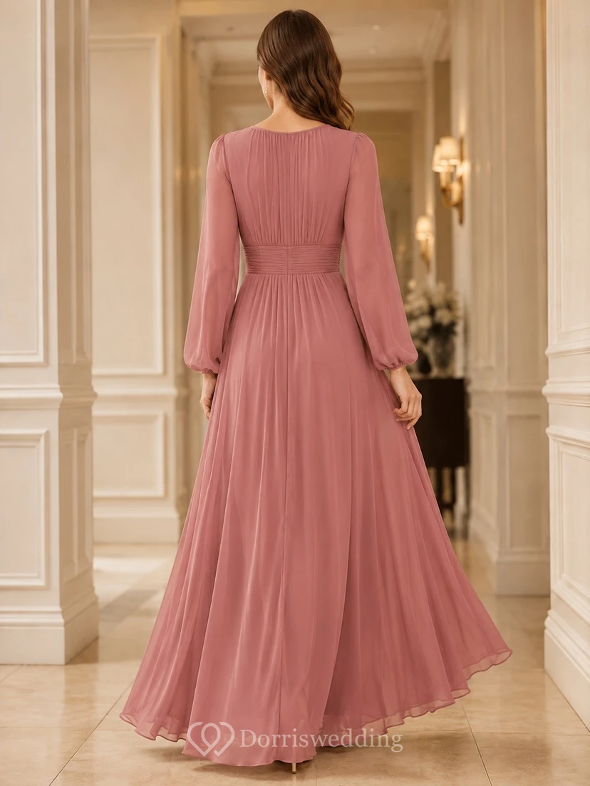 Dusty Rose Chiffon V-Neck Poet Sleeve A-Line Evening Gown view 2