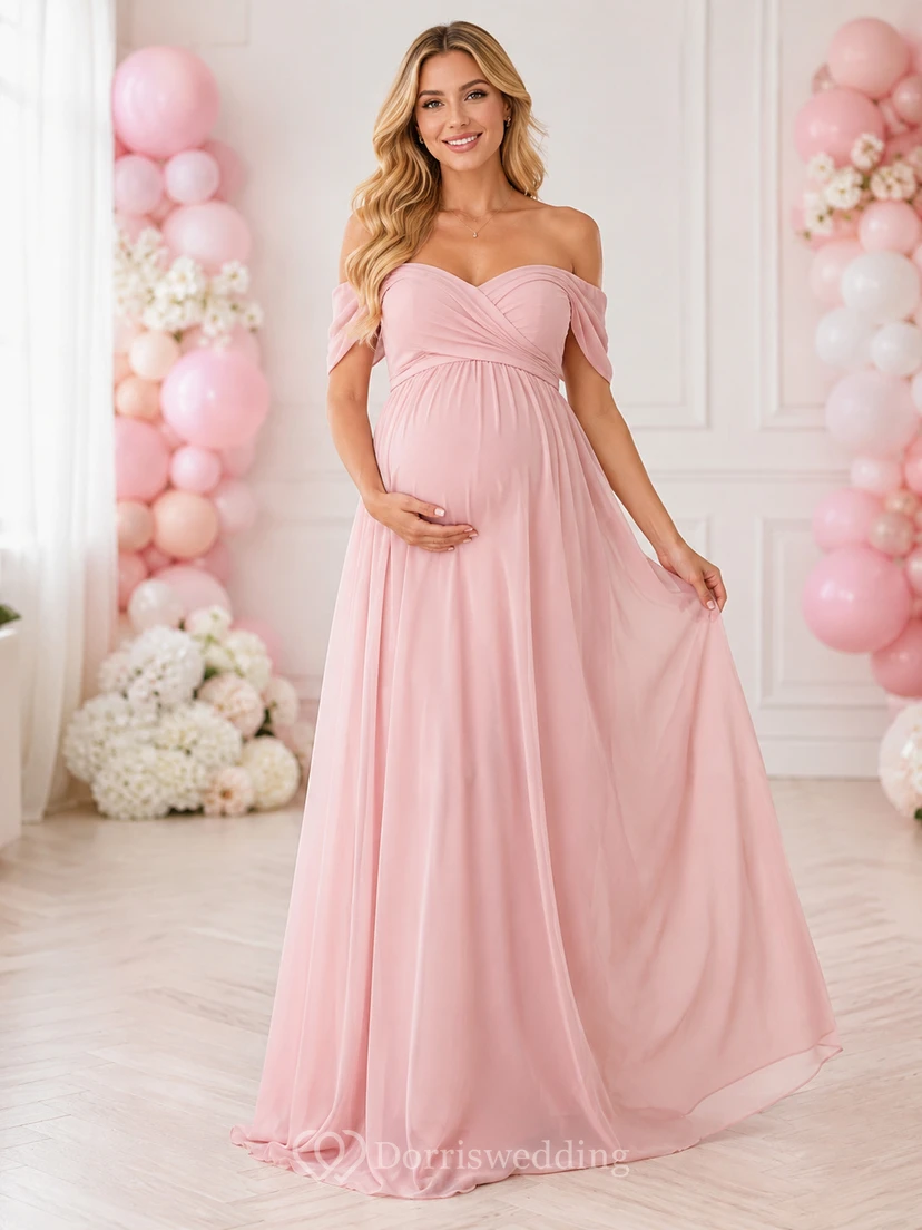 Robe de mariée empire en mousseline rose poudré à épaules dénudées pour baby shower de petite fille