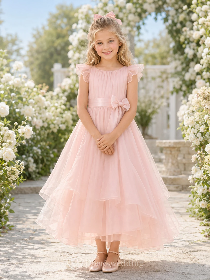 Vestido de niña de las flores, color rosa empolvado, tul, corte en A, manga corta, cuello joya, largo midi, detalle de lazo.