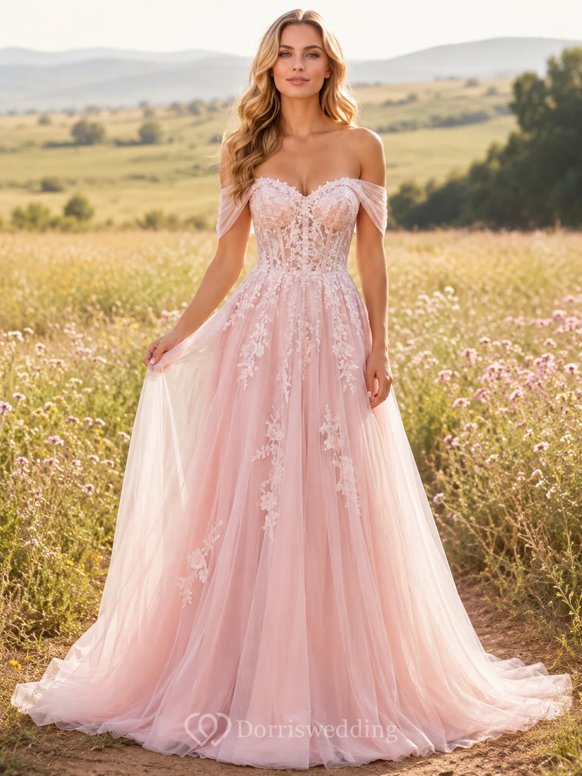 Rosafarbenes, schulterfreies Brautkleid im Boho-Stil mit Blumenmuster aus Tüll