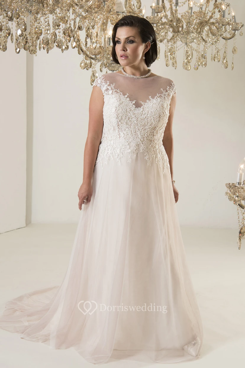 A-Line Floor-Length Jewel Neck Cap Tulle Chapel Train Illusion Appliques Dress