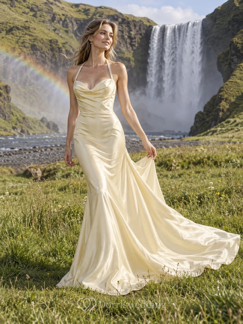 Vestido de novia de charmeuse estilo sirena con escote halter, escote corazón tipo drapeado y espalda cruzada fruncida.