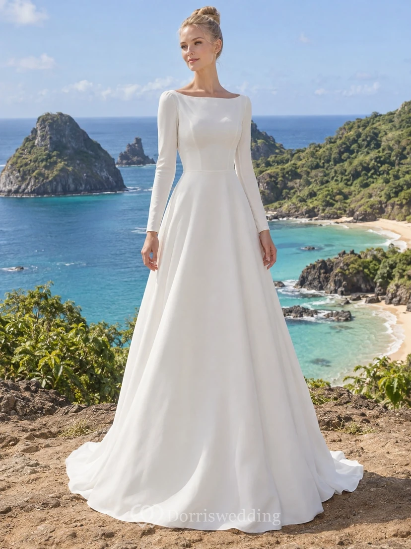 Modest Long Sleeve Bateau Neck Crepe Wedding Dress with Bodice and A-Line Train