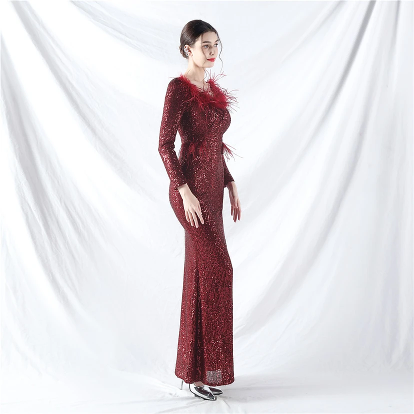 Craft-Made Ostrich Feather Long-Sleeved Beads Evening Dress view 26