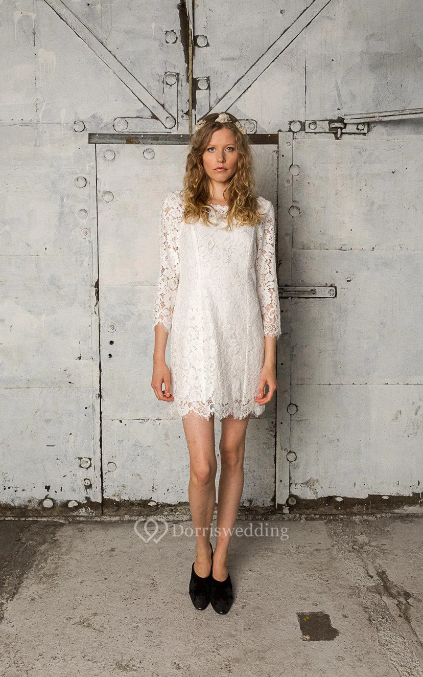 Sheath Short Long Sleeve Lace Dress With Low-V Back view 2