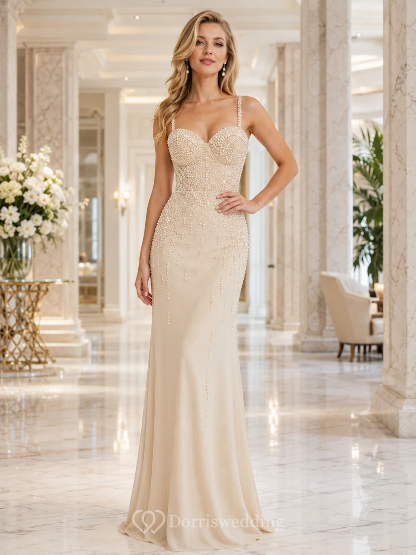 Champagne Sweetheart Pearl Strap Sheath Formal Dress