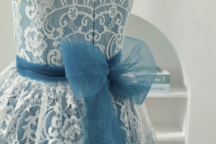 Lace Two-Tone White and Blue Ball Gown Flowergirl Dress with Petals view 10