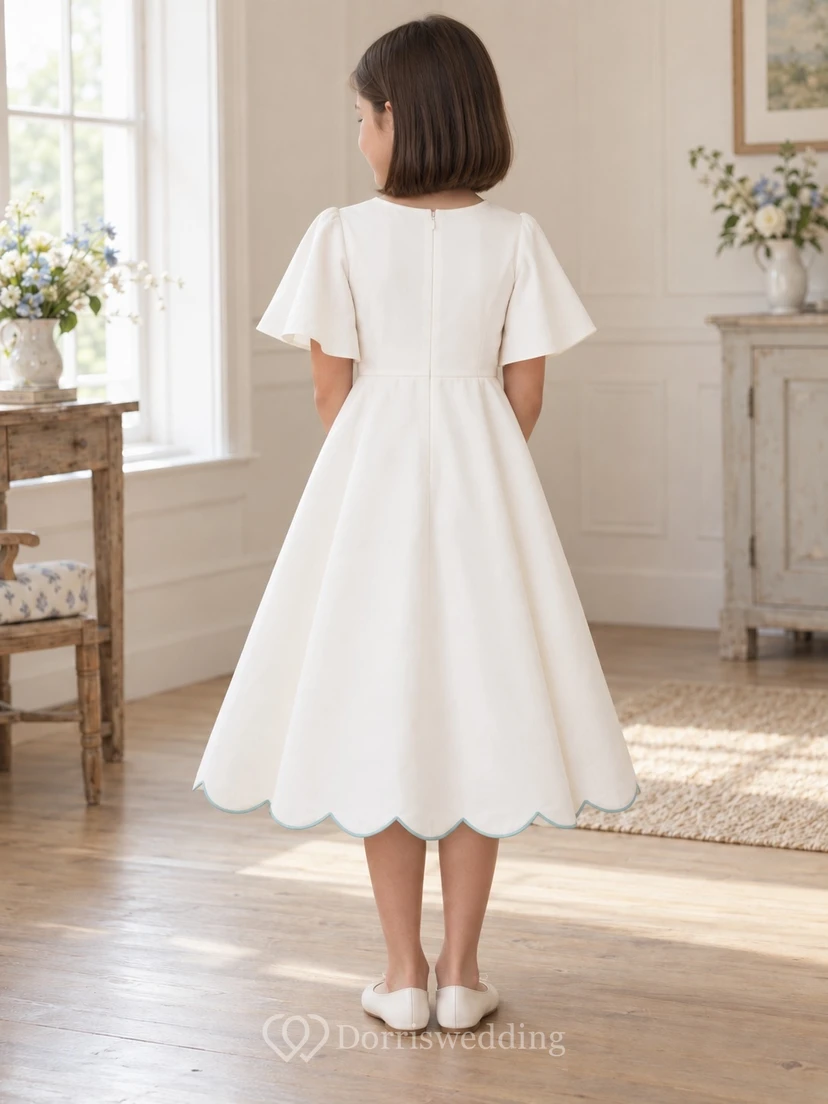 Modest Simple Ivory Tea-length Open Flutter Sleeve Broad Scalloped Satin Flower Girl Dress view 2
