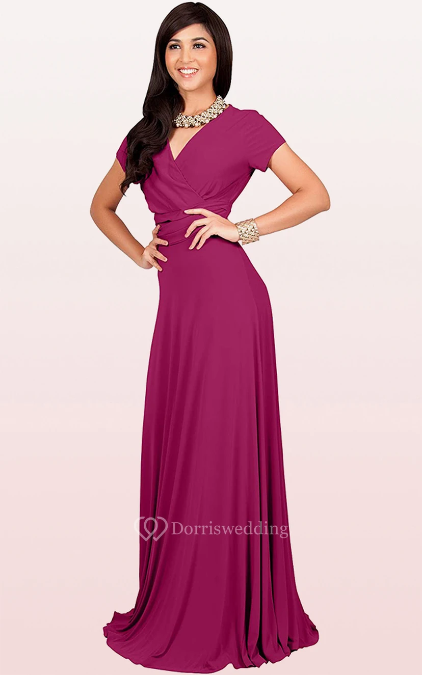 Modern Jersey V-neck Short Sleeve Mother Dress With Criss Cross and Pleats view 3