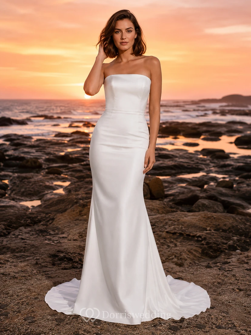 Sleek Strapless Satin Sunset Beach Mermaid Elopement Gown