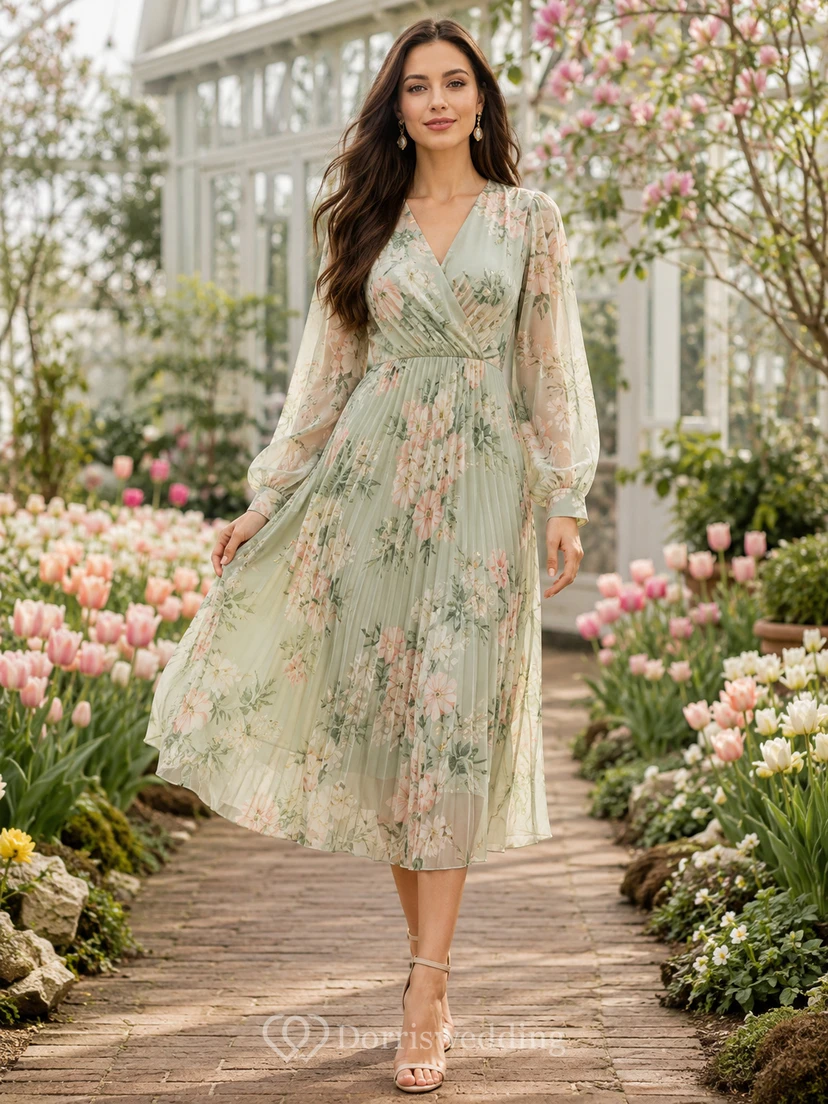 Robe midi portefeuille à manches longues et imprimé floral sauge pour occasions printanières