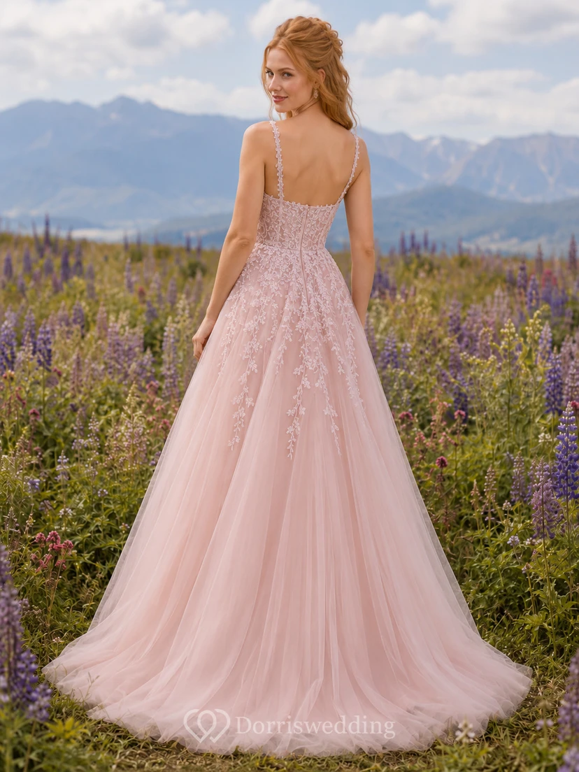 Blush Bohemian Spaghetti Strap Lace Tulle Meadow Bridal Gown view 2