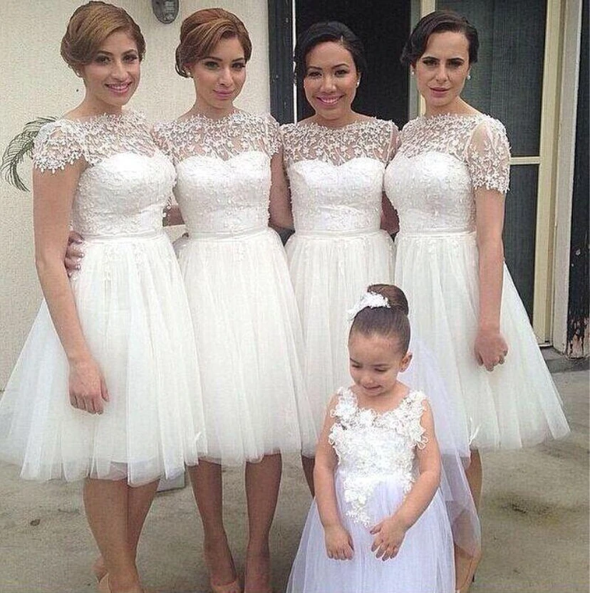Romantic White Tulle Lace Champagne Bridesmaid Dress Short Sleeve view 2