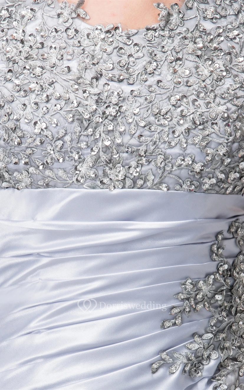 Caped-Sleeve Sheath Ruched Appliques and Dress With Jewels view 3
