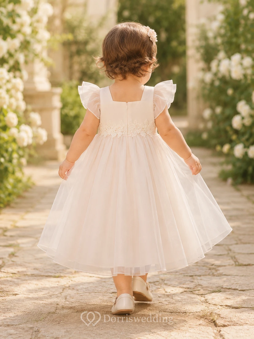 Vestido de bautizo de bebé con superposición de organza transparente color rubor, corte A y mangas con volantes, rosa rubor, romántico, adorable, elegante, de tul. view 2