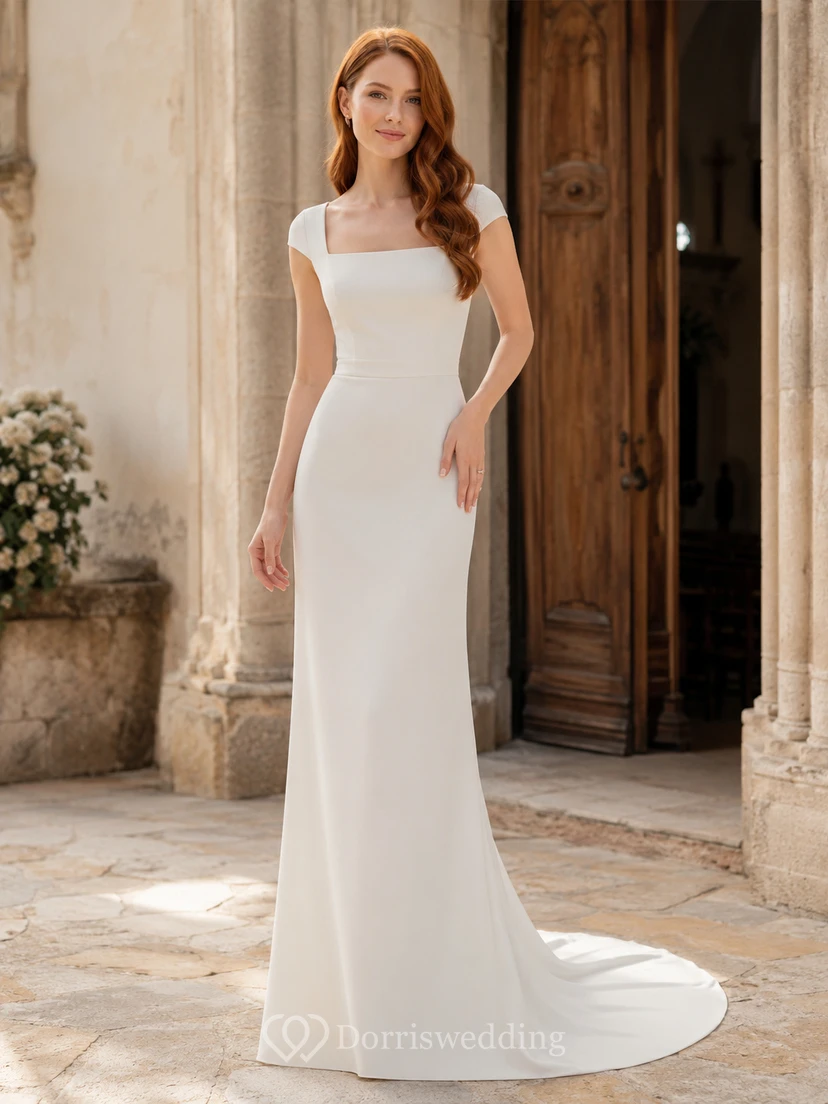 Vestido de novia sencillo de crepé con escote cuadrado y mangas cortas