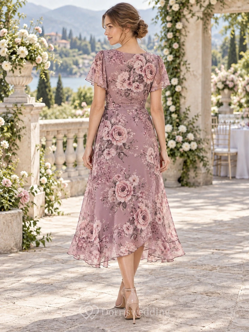 Vestido de fiesta vintage de gasa con estampado floral malva, escote en V cruzado y manga corta. view 2