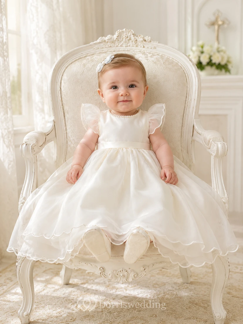 Flutter Sleeve Christening Dress A-Line Organza Tulle Jewel Neck Ruffle Hem