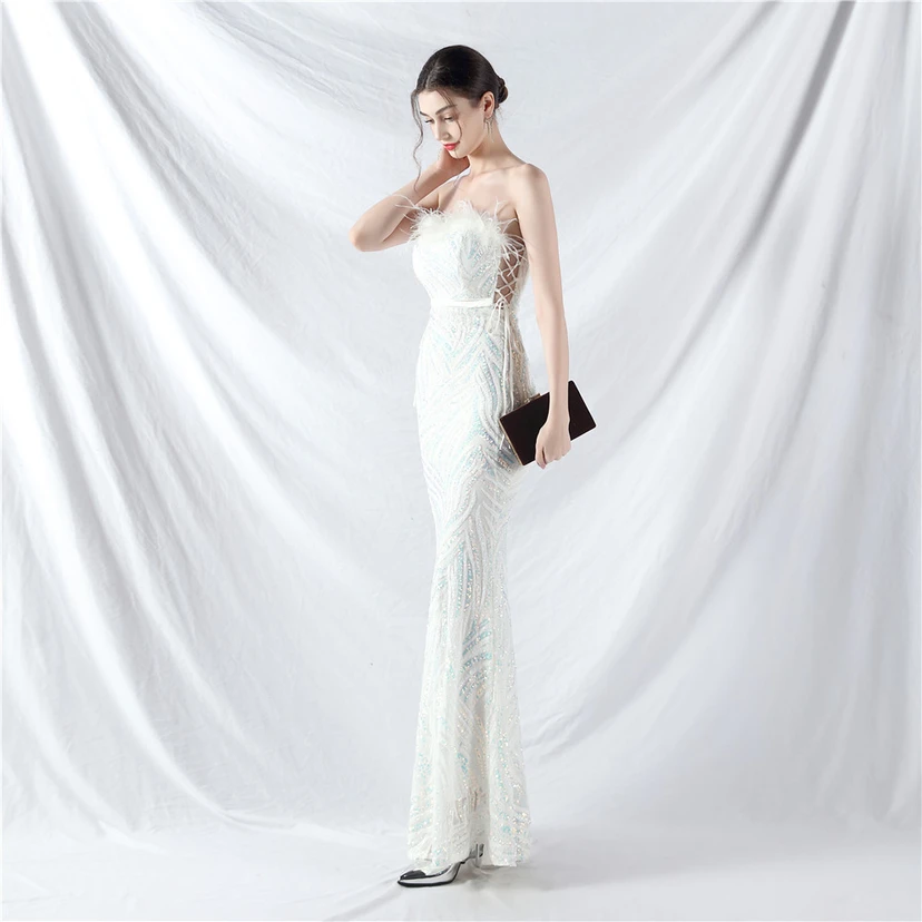 Double-Binding Rope-Binding Craft-Made Ostrich Feather Encrypted Laminated Beads High-End Evening Dress view 35