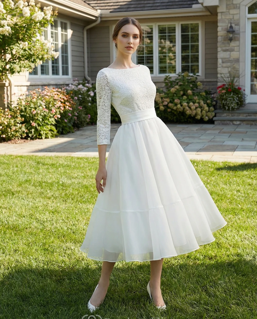 Vestido de novia de encaje y organza de talla grande hasta la rodilla