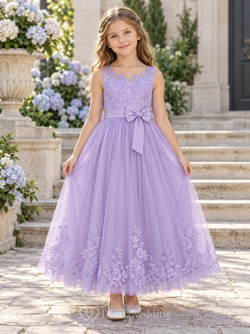 Lavender Sleeveless Sweetheart Scalloped Lace Ankle-length A-Line Tulle Floral Hem Satin Bow Flowergirl Dress