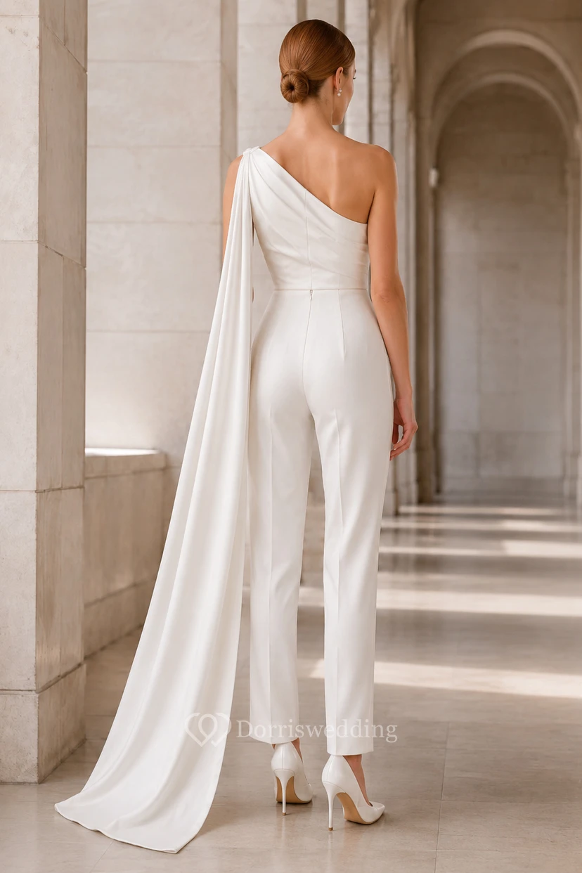 Combinaison de mariée blanche asymétrique avec longue traîne cape view 2