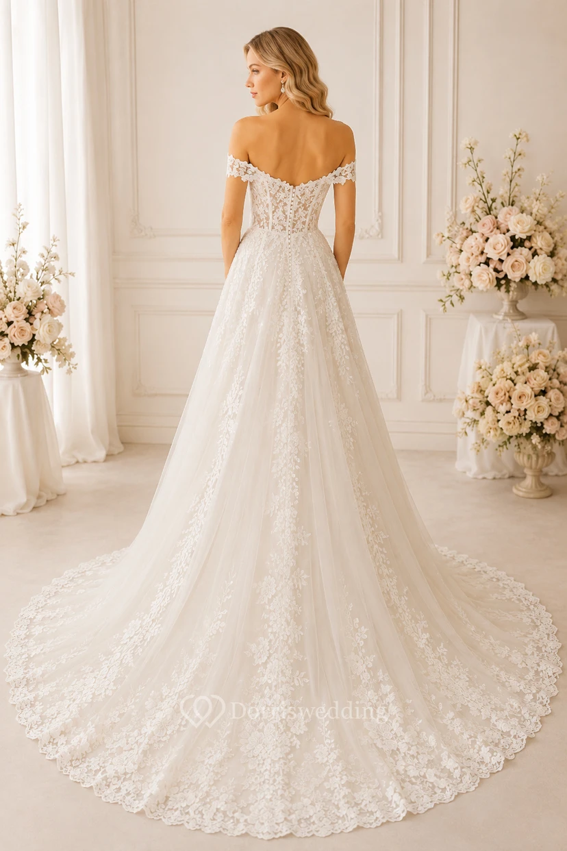Off-the-Shoulder Lace Ball Gown Wedding Dress view 2
