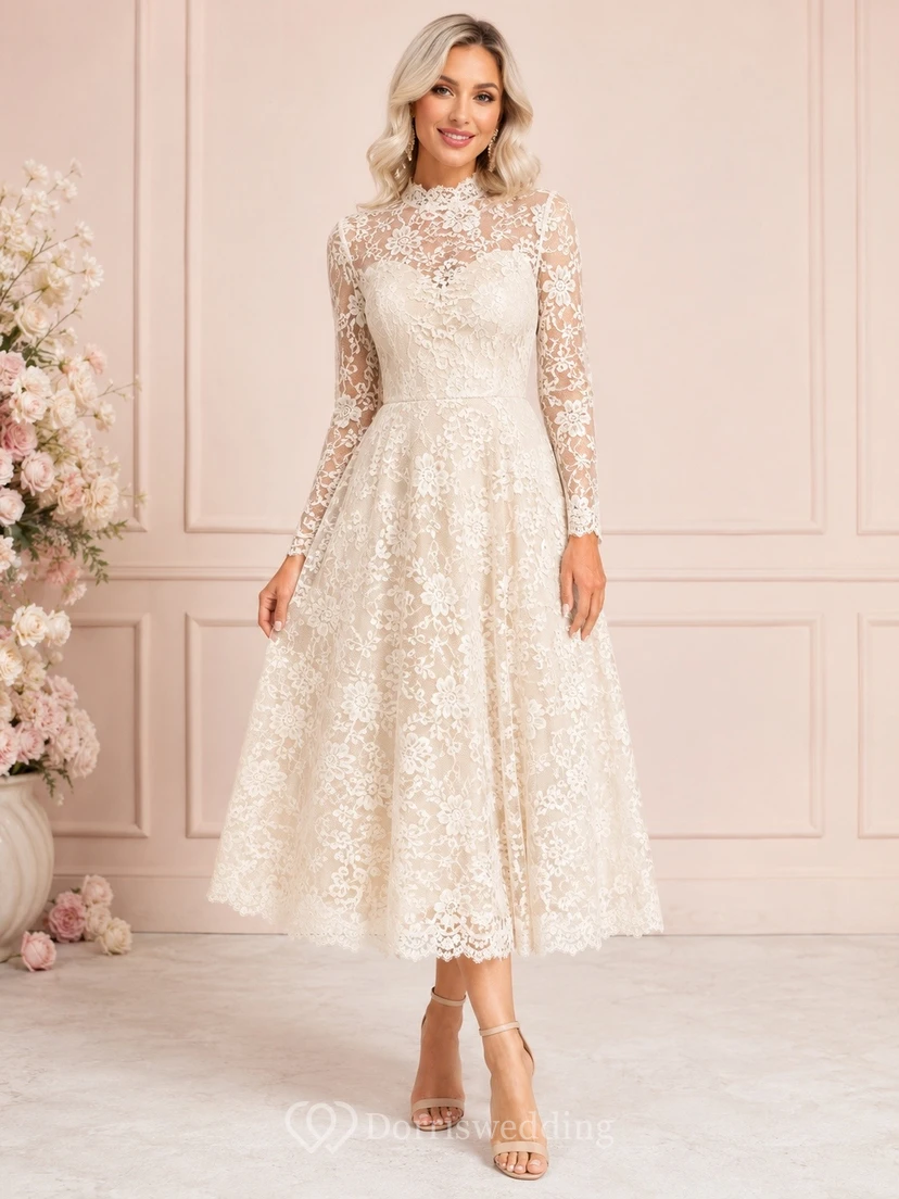 Romantic Ivory Lace A-Line Tea-Length Long Sleeve Formal Dress