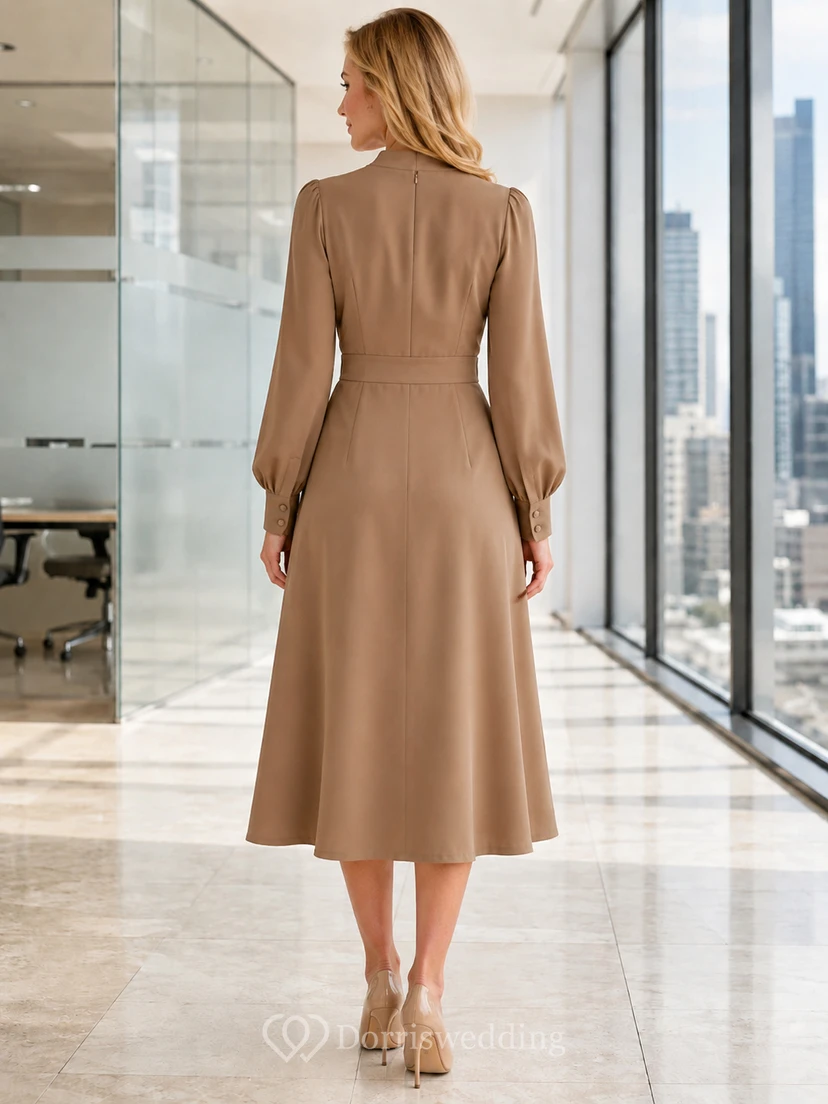 Robe de travail modeste, blouson taupe à manches longues et col montant, coupe trapèze view 2