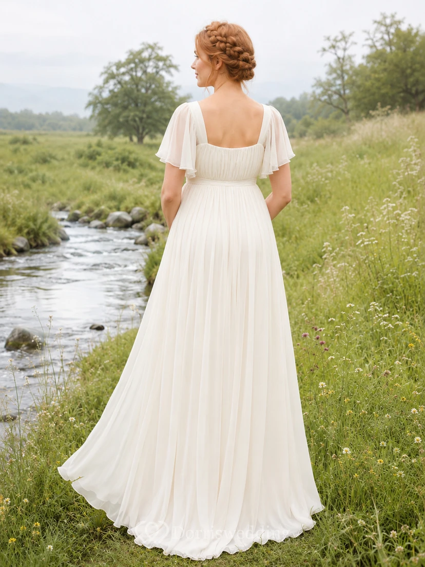 Elfenbeinfarbenes Umstandskleid aus Chiffon mit flatternden Ärmeln im Empire-Stil view 2