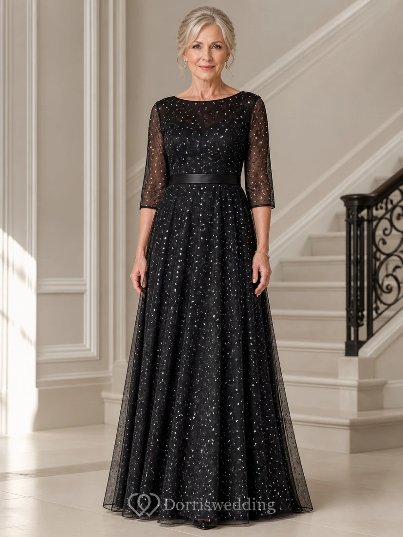 Vestido de gala de encaje brillante para novias mayores, largo hasta el suelo, estilo barco, manga tres cuartos.