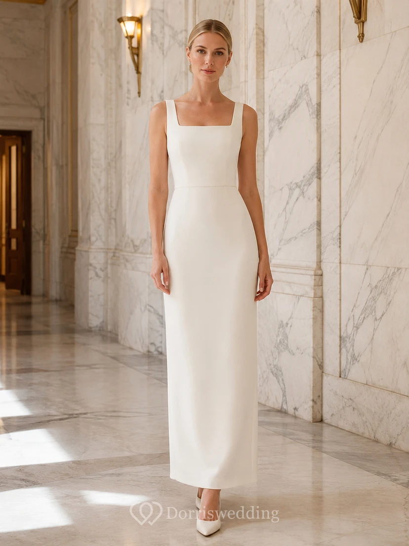 Courthouse Wedding Minimalist Square Neck Strap Column Floor Length Dress