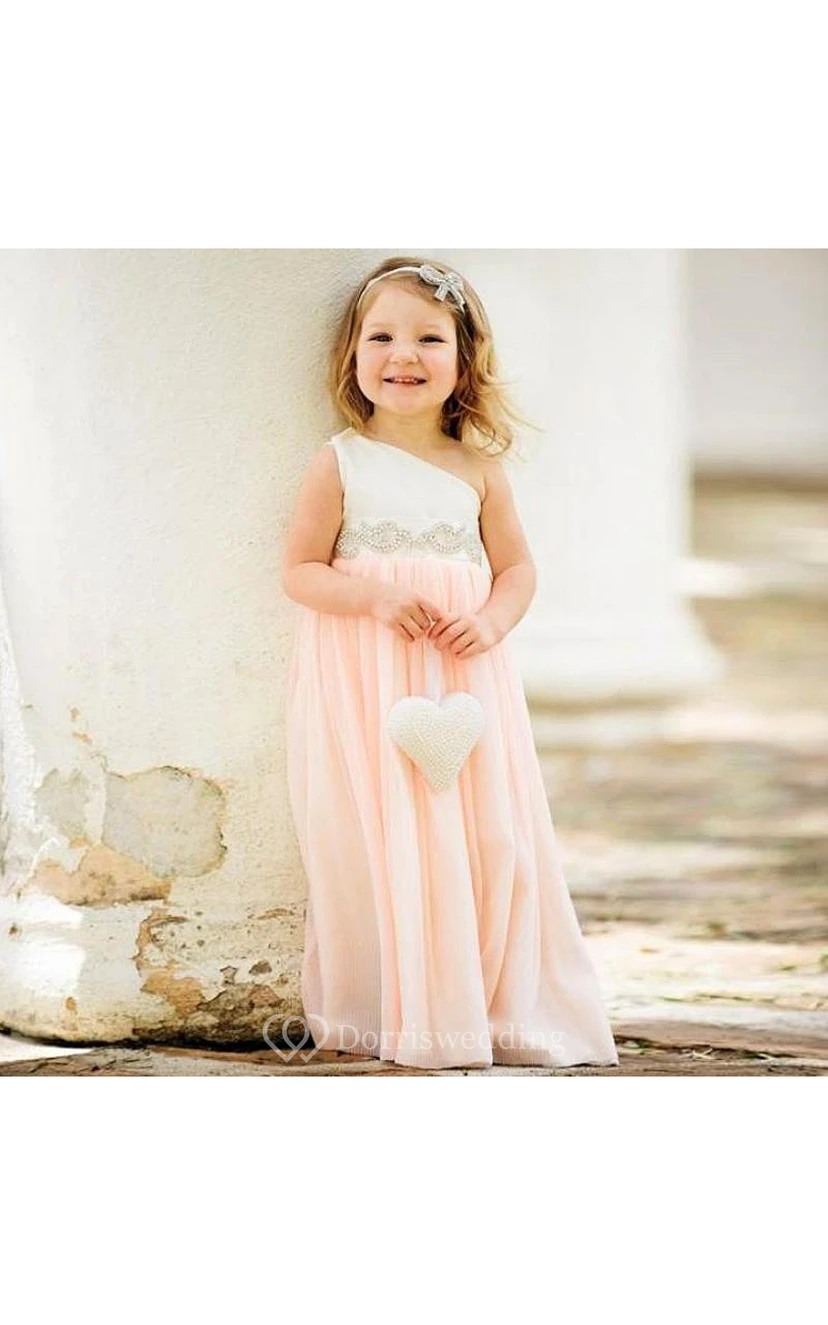 Delicate One Shoulder Chiffon Flower Girl First Communion Dress Pearls view 2