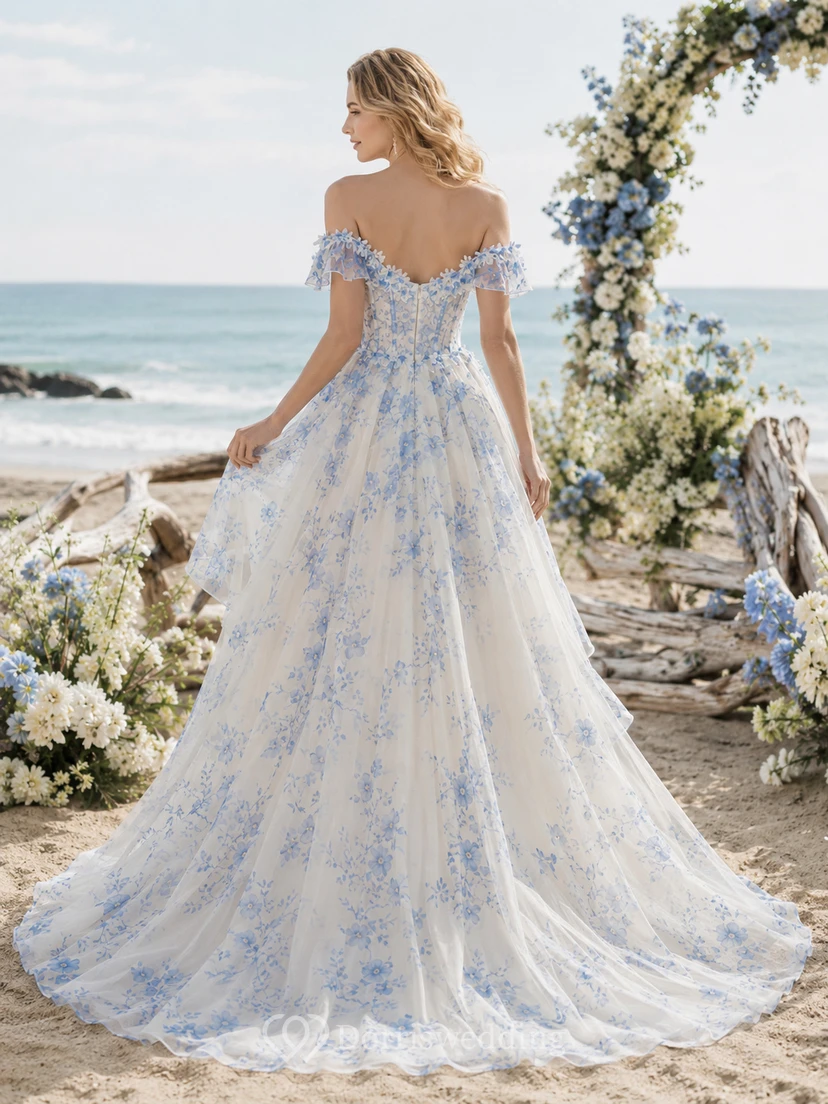 Blue Floral Off Shoulder Organza A Line Seaside Wedding Dress view 2