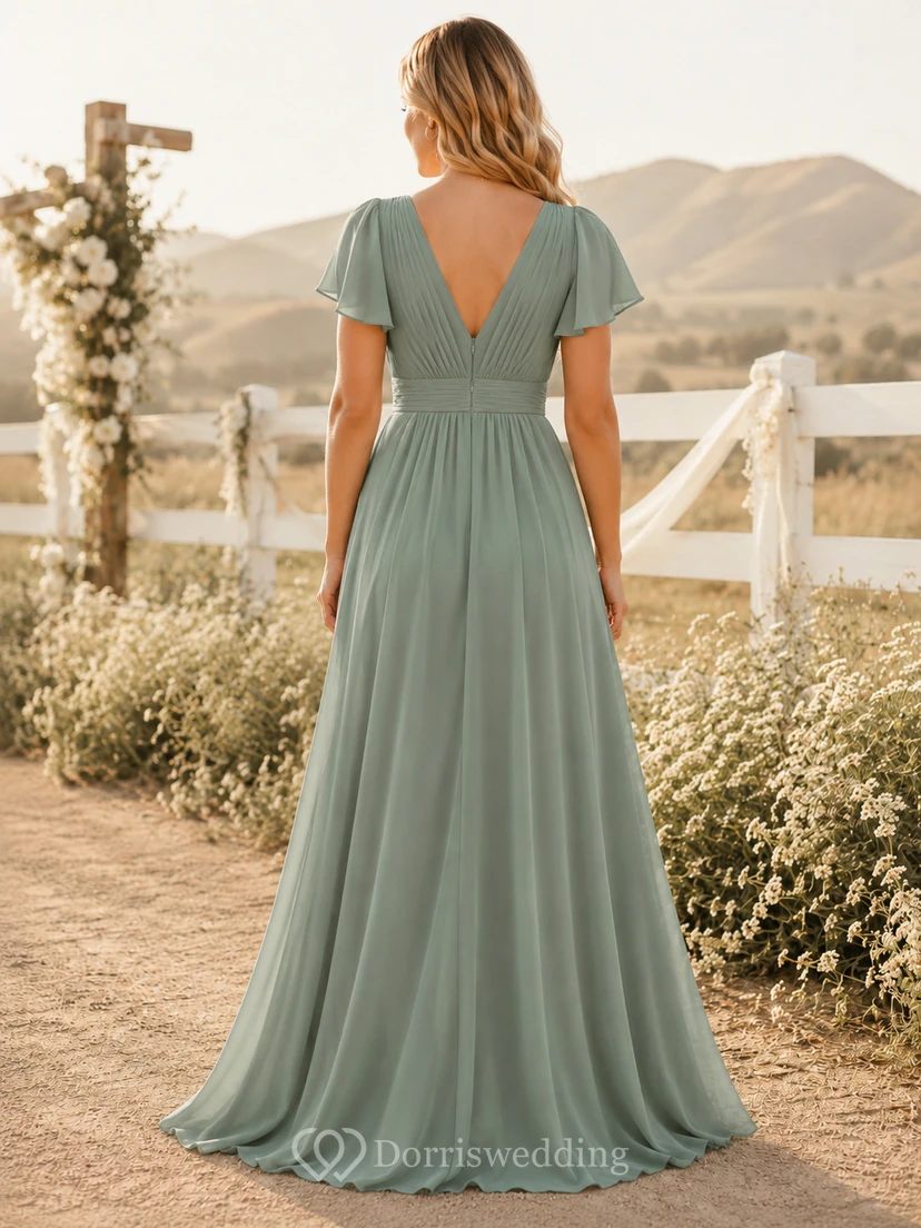 Western Sage Off-Shoulder Chiffon A-Line Floor-Length Slit Guest Dress view 2