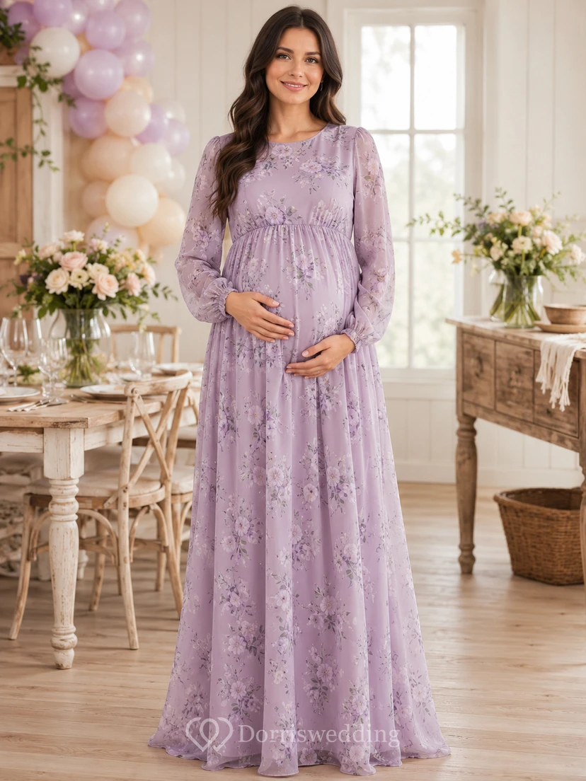 Lavender Modest Maternity Jewel Neck Long Sleeve Lace A-Line Floor-Length Dress