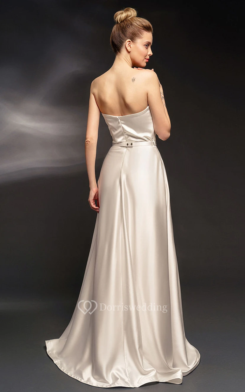 Satin Sweetheart Sleeveless Front Split Sheath Backless Gold Bridesmaid Dress view 2