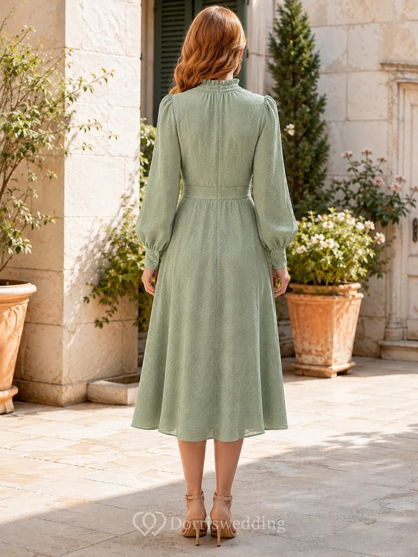 Sage Chiffon Jewel-Neck Long-Sleeve Bohemian Tea-Length Guest Dress view 2