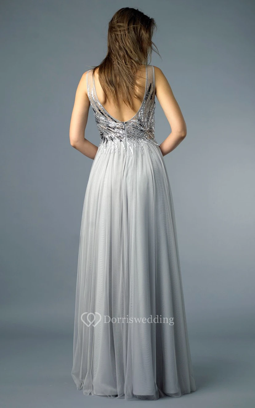 A-line Floor-length High Neck Sleeveless Tulle Low-V Back Dress view 2