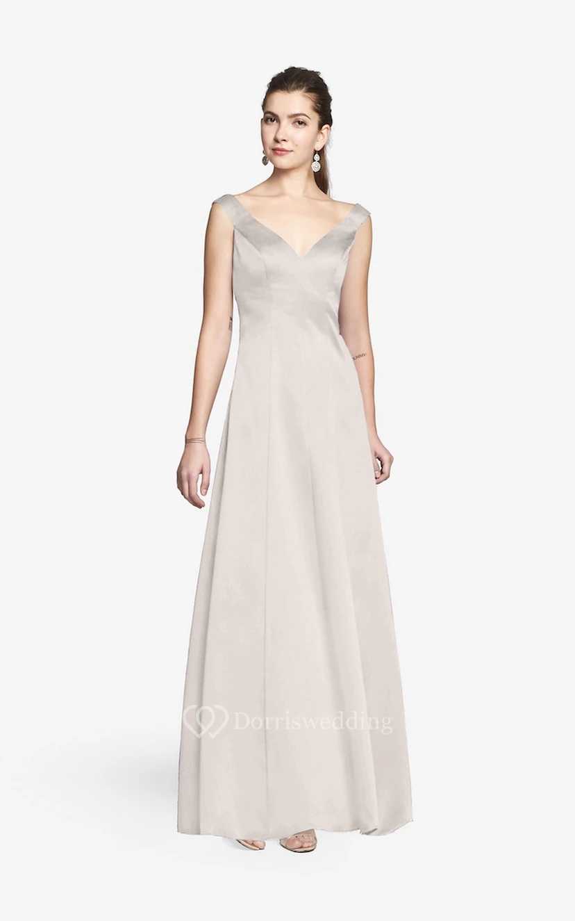 Simple V-neckline Floor-length Satin Dress With Cap Sleeves view 22